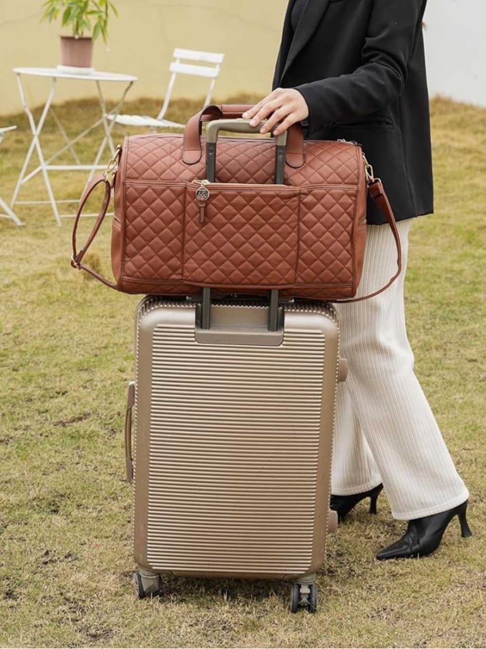 ~MKF Collection:Cognac Vegan Leather Duffle Bag w/Golden Hardware Detailing~